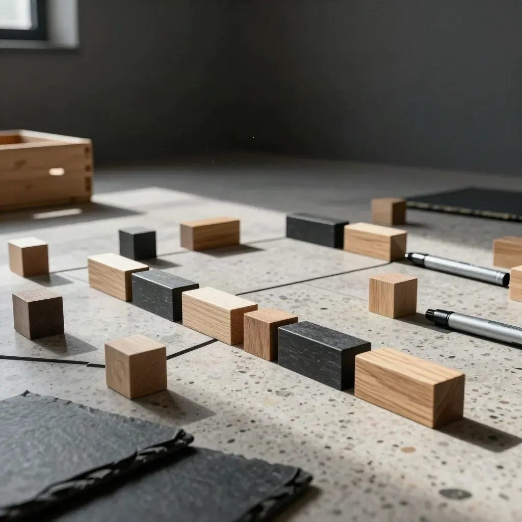 Blocchi modulari e marker metallici su una griglia a pavimento, luce radente e atmosfera tesa.