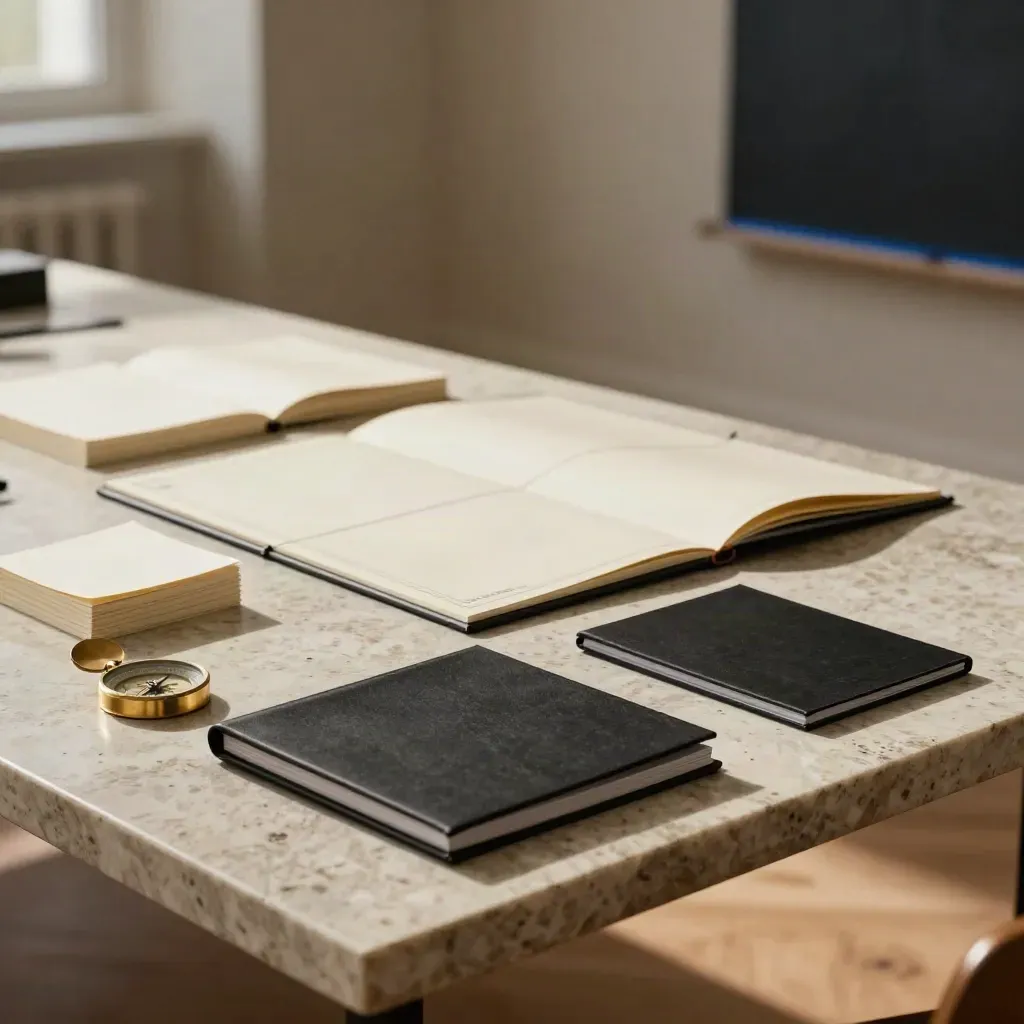 Tavolo in travertino con tre tavole strategiche, appunti crema e portfolio nero.
