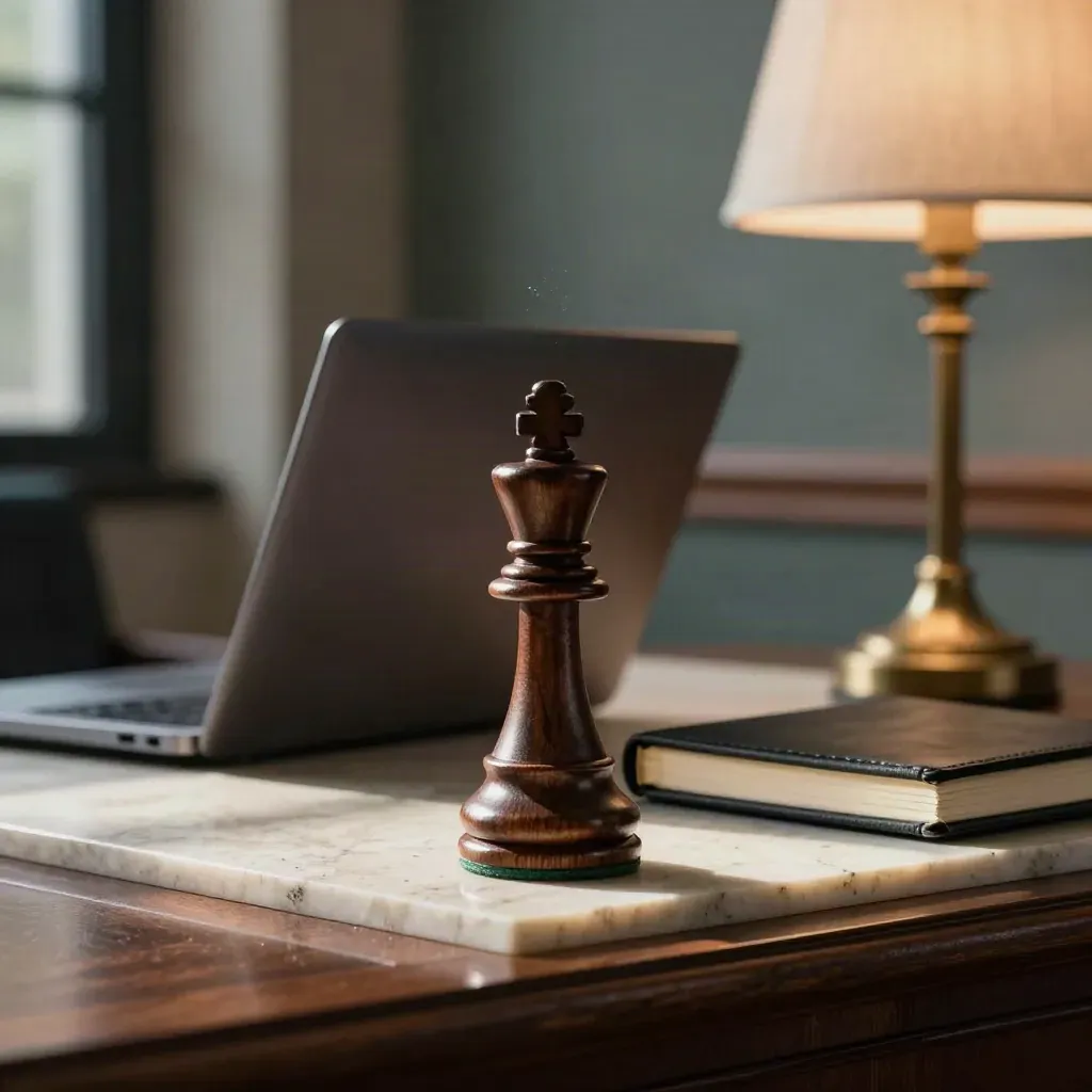Angolo executive con re degli scacchi, laptop chiuso e taccuino accanto a una lampada.