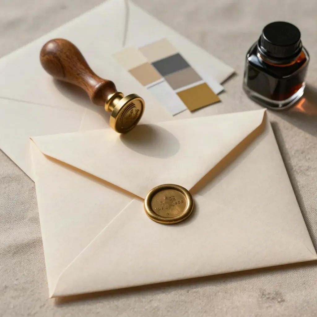 Buste crema, timbro in ceralacca, strisce colori e boccetta d’inchiostro su fondo rustico.
