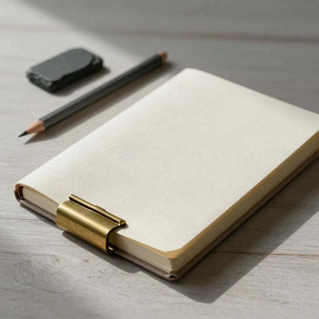 Notebook in lino, matita e piccolo fermacarte in pietra su legno chiaro, luce soffusa.