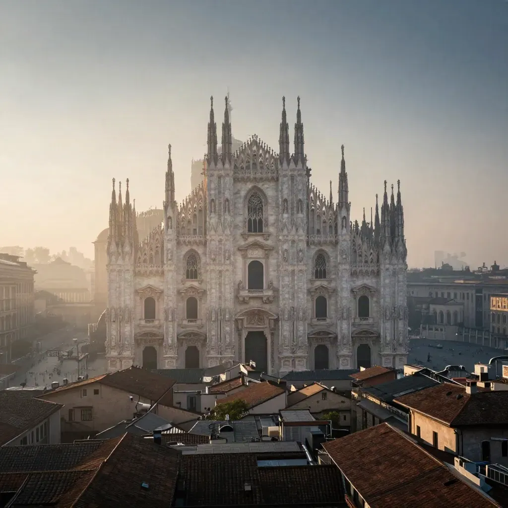 Le guglie del Duomo di Milano emergono dalla nebbia del mattino sopra i tetti