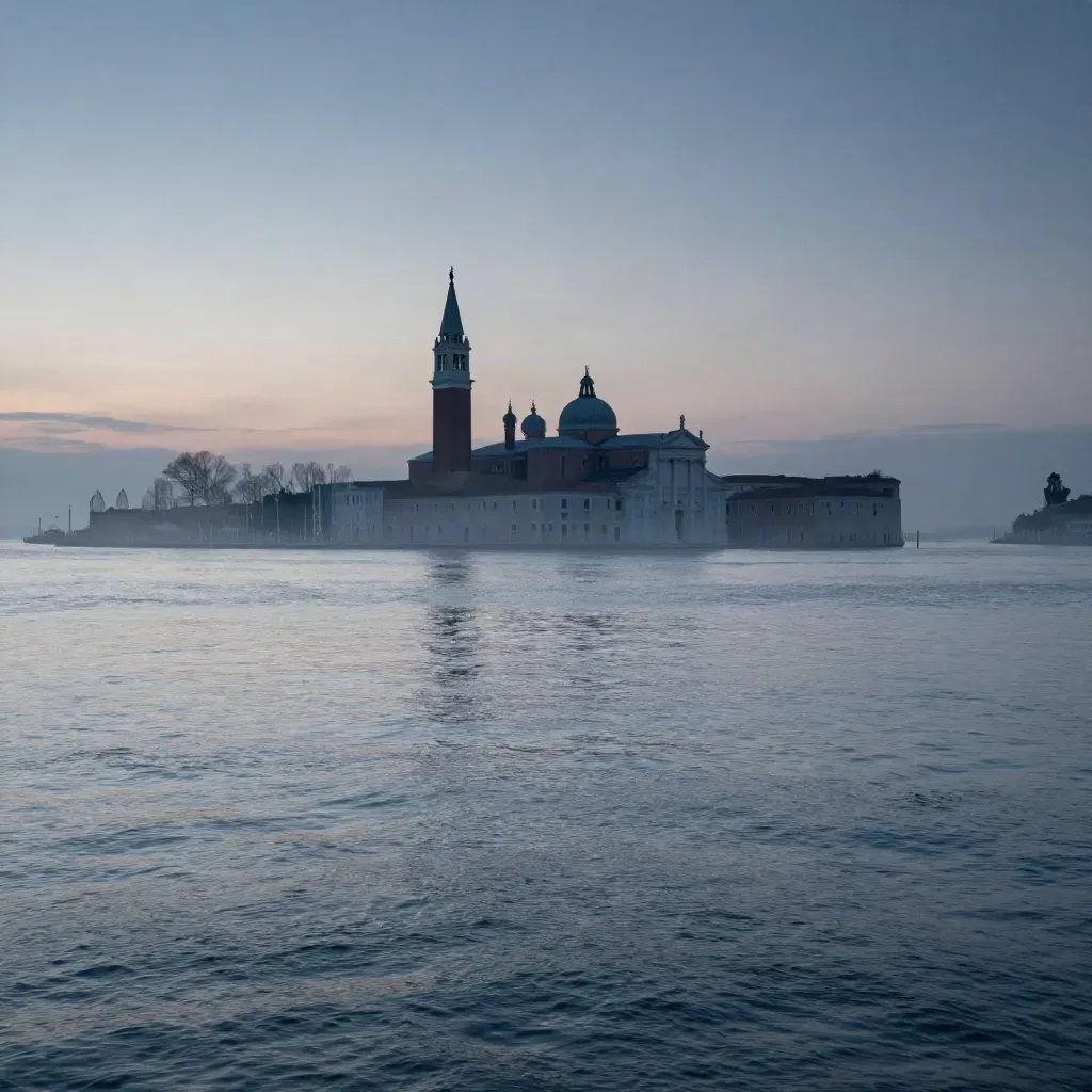 Laguna di Venezia all’ora blu, San Giorgio Maggiore in silhouette e acqua immobile