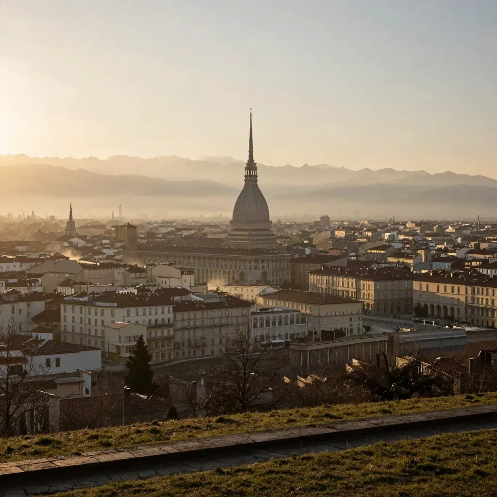 La Mole Antonelliana su Torino al tramonto, con le Alpi sullo sfondo e la pianura in nebbia.